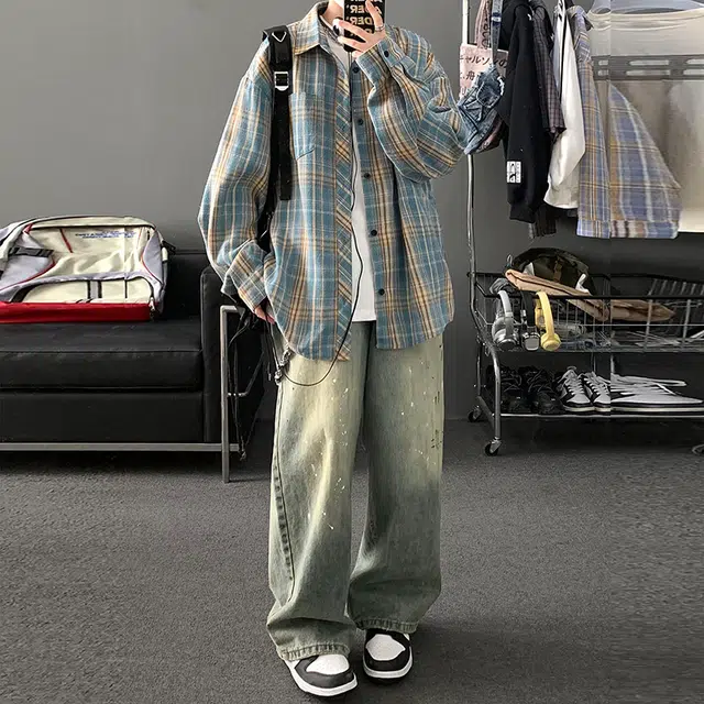 顶峰保罗 美式复古撞色格子宽松休闲衬衣外套春秋穿搭情侣款通勤潮流百搭高级感翻领衬衫 男女同款