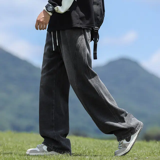 顶峰保罗 复古做旧水洗宽松直筒休闲时尚百搭加厚加绒无性别主义美式潮牌垂感高街弯刀系带设计感牛仔裤 男女同款