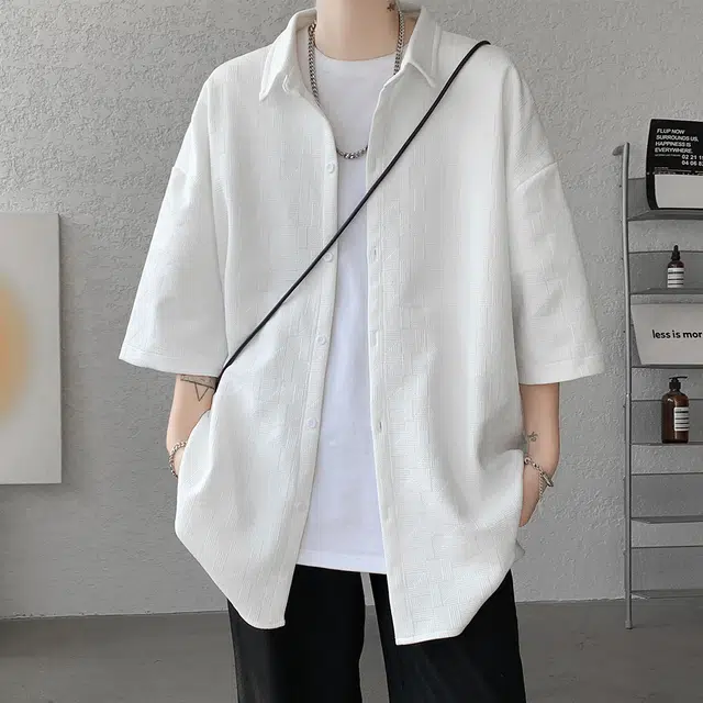 顶峰保罗 无性别主义痞帅潮牌薄款凉感亲肤透气宽松半袖休闲衬衣时尚百搭外套高级感短袖衬衫 男女同款