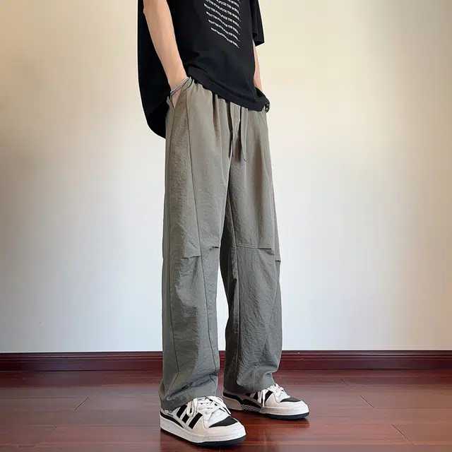 顶峰保罗 凉感冰丝薄款褶皱伞兵直筒长裤子美式薄款速干透气潮牌宽松百搭运动阔腿休闲裤 男女同款