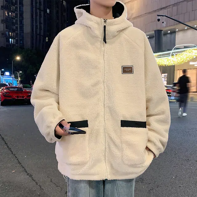 顶峰保罗 双面穿羊羔绒外套休闲工装连帽潮牌无性别主义宽松百搭加绒加厚大码保暖厚实时尚长袖棉服 男女同款