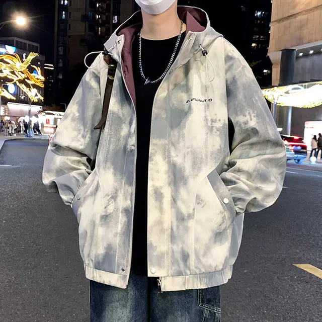 顶峰保罗 美式扎染字母印花翻领长袖机车连帽外套直筒休闲复古工装上衣宽松加肥加大简约百搭高街无性别主义潮牌飞行员夹克 男女同款