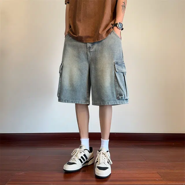 顶峰保罗 水洗做旧大口袋工装直筒五分裤美式潮牌高街宽松小众百搭设计感休闲阔腿牛仔短裤 男女同款