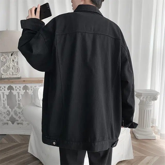 顶峰保罗 潮牌复古纯色高级感休闲宽松夹克无性别主义潮流百搭通勤情侣翻领牛仔外套 男女同款