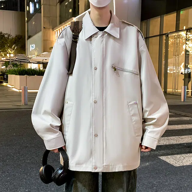 顶峰保罗 美式复古潮牌纯色飞行员翻领长袖机车外套无性别主义直筒休闲工装上衣宽松加肥加大简约百搭高街夹克 男女同款