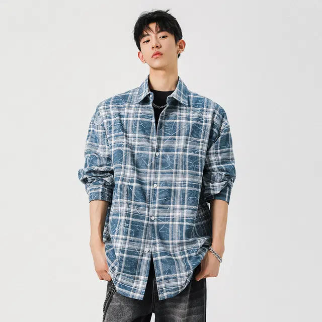顶峰保罗 美式复古撞色晕染格子长袖衬衣无性别主义潮牌慵懒风外套百搭休闲简约翻领上衣宽松大码衬衫 男女同款