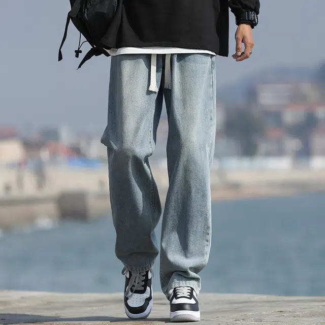 顶峰保罗 美式复古水洗潮牌做旧宽松直筒无性别主义休闲阔腿裤弹力抽绳显高显瘦简约时尚百搭设计感高街垂感牛仔裤 男女同款