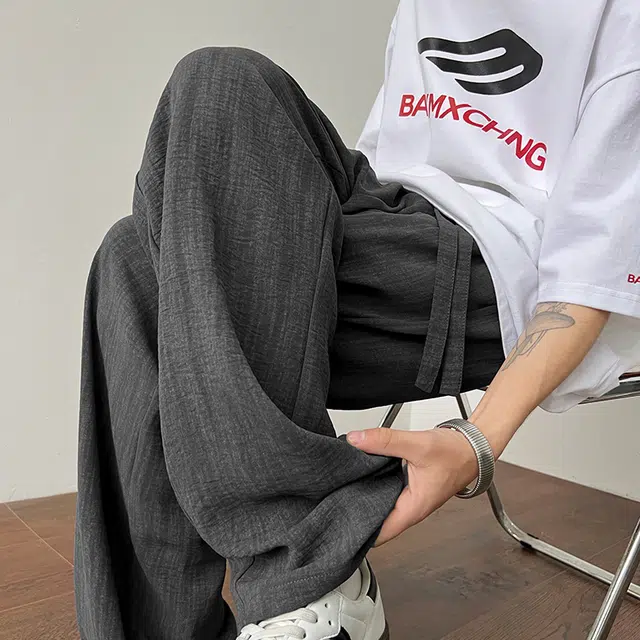 顶峰保罗 美式复古潮牌凉感舒适薄款直筒长裤竖条纹理感宽松小众百搭显瘦拖地阔腿休闲裤 男女同款