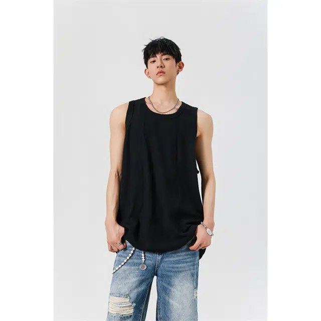 顶峰保罗 纯色简约美式高街高级设计感无袖坎肩体恤无性别主义青少年夏天薄款背心 男女同款