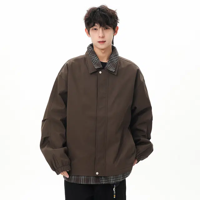 顶峰保罗 美式假两件格纹拼接翻领长袖外套无性别主义休闲复古潮牌宽松大码上衣简约百搭显高显瘦夹克 男女同款