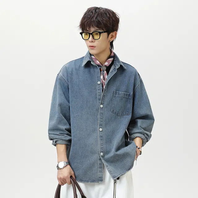 顶峰保罗 美式水洗复古翻领牛仔衬衣无性别主义休闲运动宽松大码高街工装长袖夹克外套纯色显高显瘦潮牌简约百搭衬衫 男女同款
