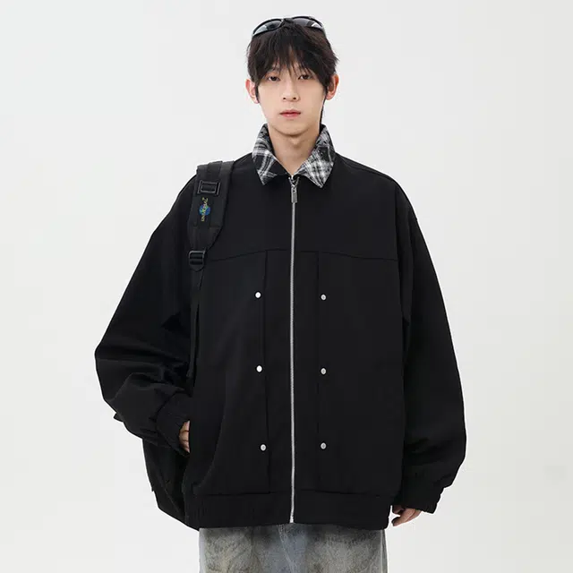 顶峰保罗 美式假两件格纹拼接翻领外套无性别主义直筒潮牌痞帅通勤骑行休闲上衣显高显瘦简约百搭宽松加肥加大长袖工装夹克 男女同款