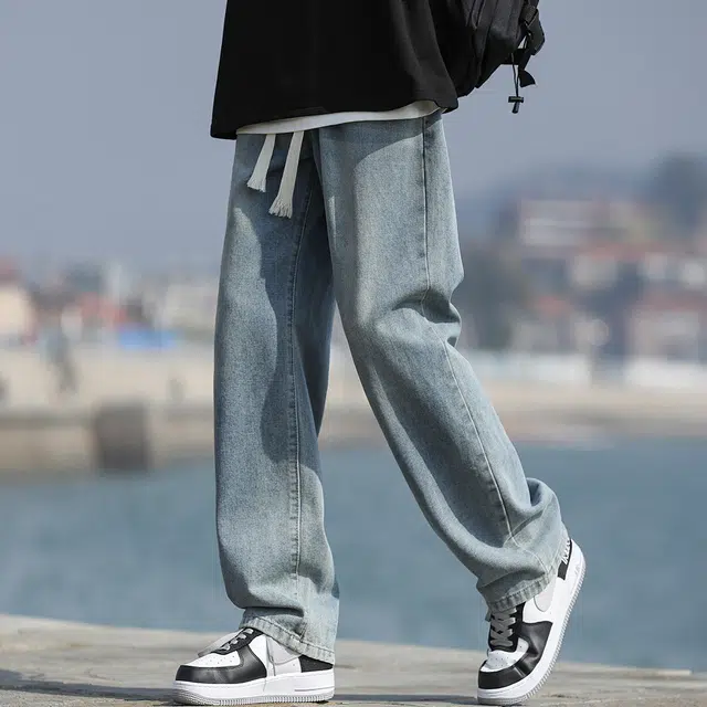 顶峰保罗 美式复古水洗潮牌做旧宽松直筒无性别主义休闲阔腿裤弹力抽绳显高显瘦简约时尚百搭设计感高街垂感牛仔裤 男女同款