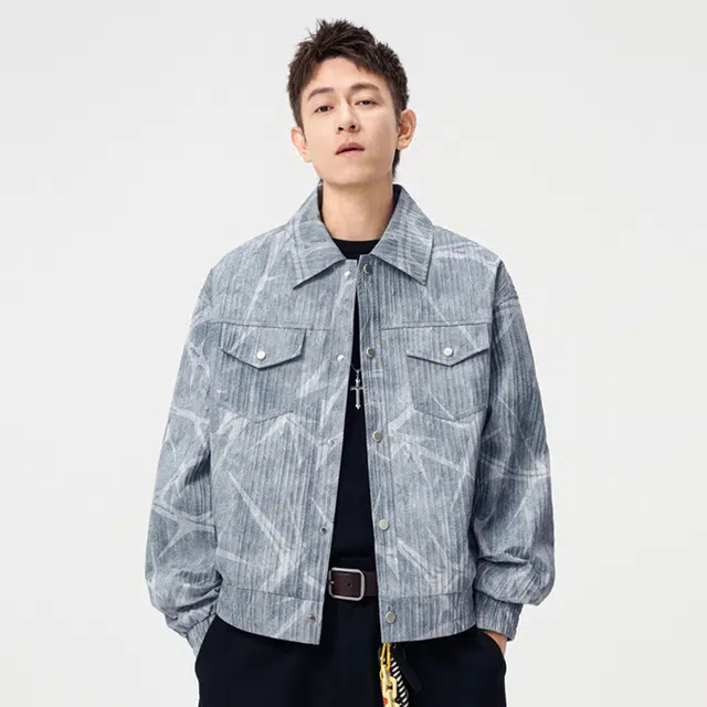 顶峰保罗 美式复古扎染做旧翻领牛仔外套无性别主义直筒宽松加肥加大休闲百搭衬衫上衣潮牌时尚高街长袖防风夹克 男女同款