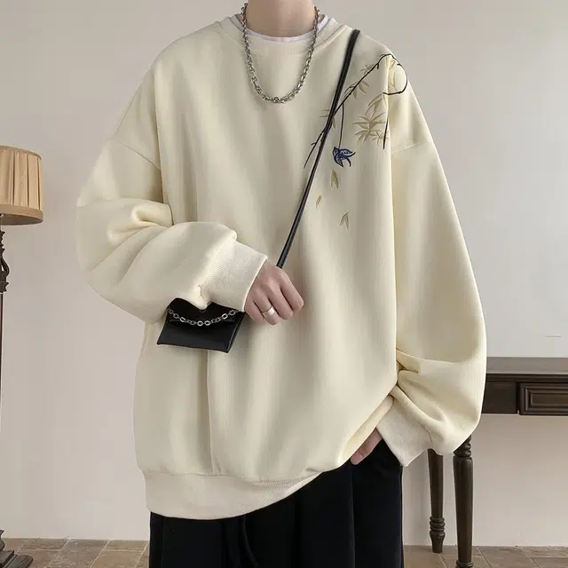 顶峰保罗 新中式竹叶刺绣加绒圆领无性别主义国风宽松大码直筒上衣套头衫潮牌简约时尚高街休闲百搭长袖卫衣 男女同款