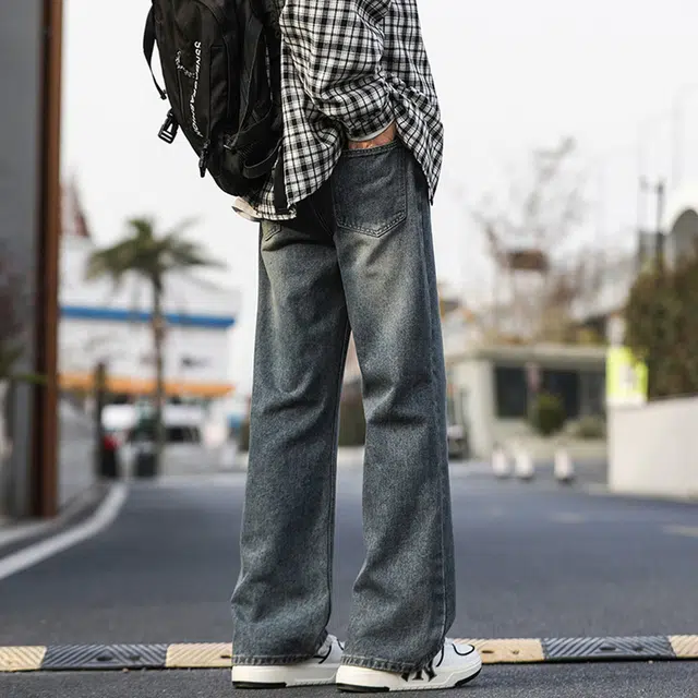 顶峰保罗 美式高街撞色直筒阔腿水洗做旧潮牌复古宽松高级感透气百搭休闲长裤牛仔裤 男女同款