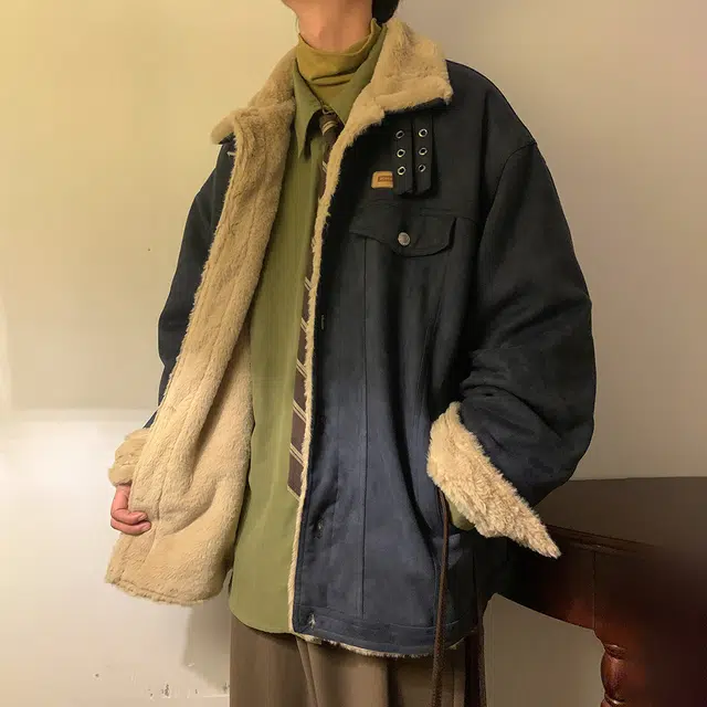 顶峰保罗 日系复古羊羔绒无性别主义潮牌高街休闲百搭直筒外穿棉衣工装牛仔外套棉服 男女同款