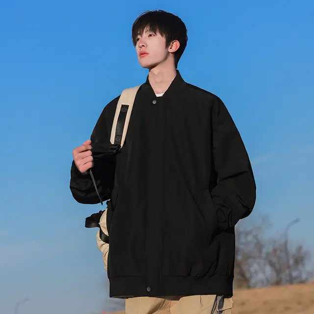 顶峰保罗 美式飞行纯色棒球领无性别主义直筒上衣外套宽松大码休闲百搭潮牌简约时尚痞帅长袖夹克 男女同款