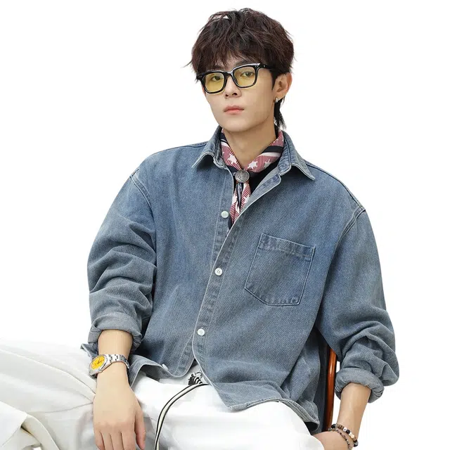 顶峰保罗 美式水洗复古翻领牛仔衬衣无性别主义休闲运动宽松大码高街工装长袖夹克外套纯色显高显瘦潮牌简约百搭衬衫 男女同款