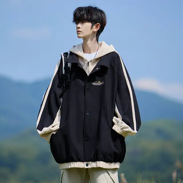 顶峰保罗 港风假两件撞色连帽外套潮牌宽松户外无性别主义简约时尚痞帅百搭运动大码休闲夹克 男女同款