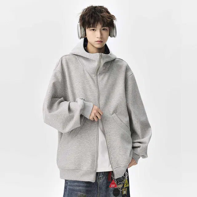 顶峰保罗 美式重磅连帽开衫双头拉链外套无性别主义休闲潮牌高街百搭上衣简约时尚纯色痞帅慵懒风长袖卫衣 男女同款