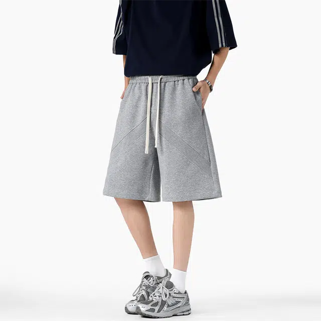 顶峰保罗 薄款透气拼接质感舒适直筒五分裤美式潮牌跑步运动宽松百搭显瘦显高阔腿休闲短裤 男女同款