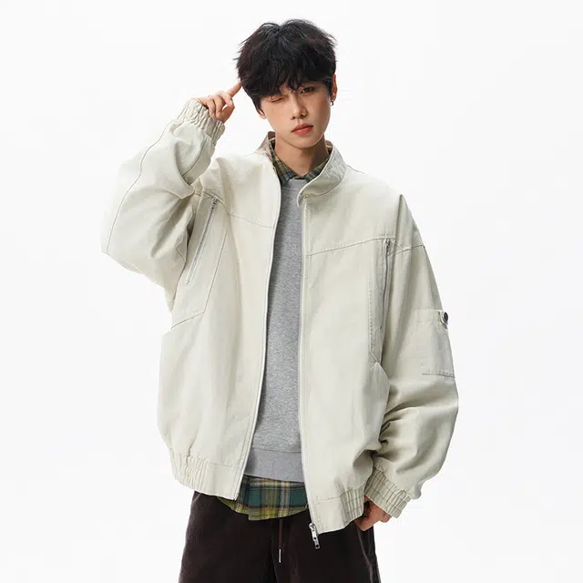 顶峰保罗 纯棉美式立领纯色工装飞行员无性别主义直筒宽松休闲通勤百搭上衣潮牌时尚高街长袖夹克外套 男女同款