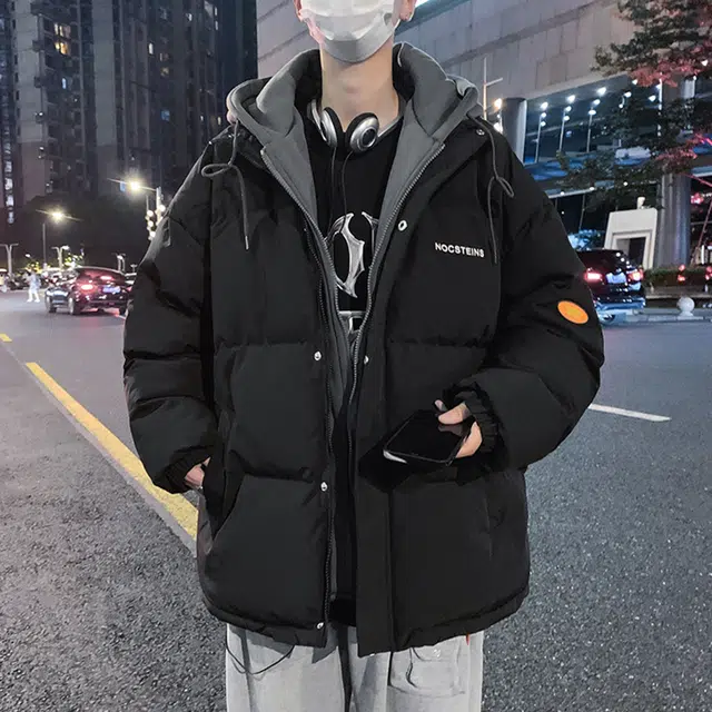 顶峰保罗 假两件拼接撞色休闲工装连帽长袖复古潮牌无性别主义直筒面包服宽松百搭加厚派克服保暖大码时尚棉服 男女同款