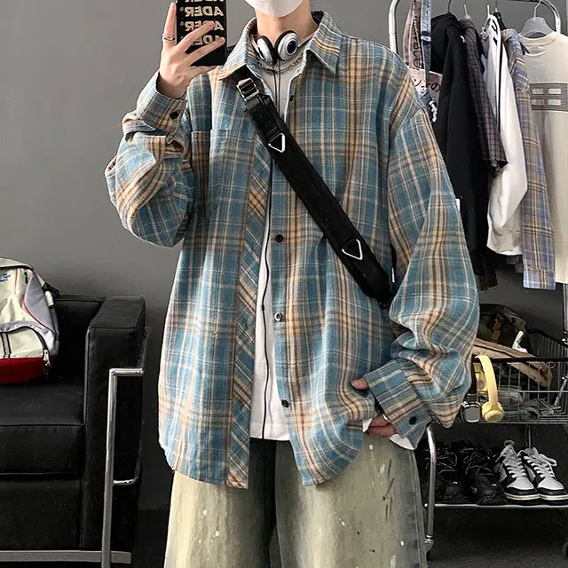 顶峰保罗 美式复古撞色格子宽松休闲衬衣外套春秋穿搭情侣款通勤潮流百搭高级感翻领衬衫 男女同款
