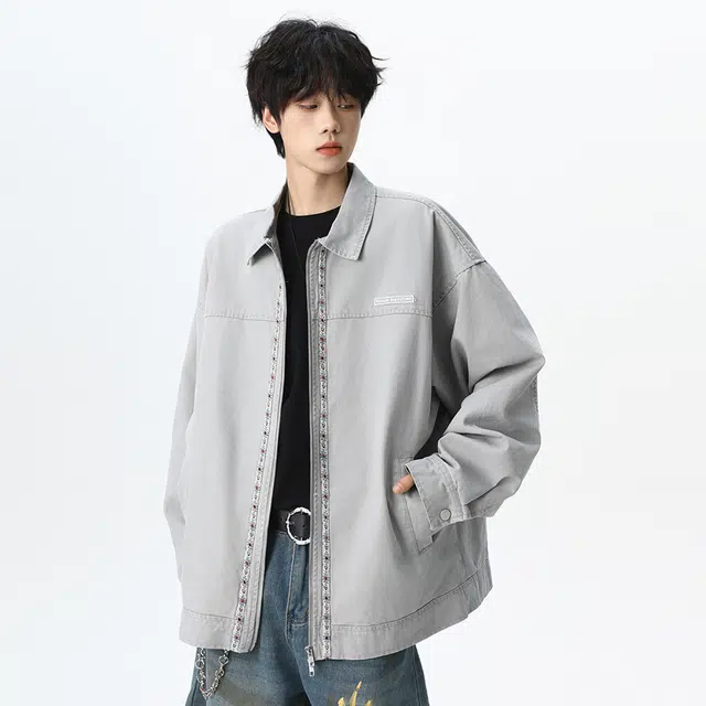 顶峰保罗 美式水洗拼接翻领纯棉重磅工装茄克无性别主义潮牌高街休闲运动痞帅做旧上衣简约百搭显高显瘦长袖夹克外套 男女同款