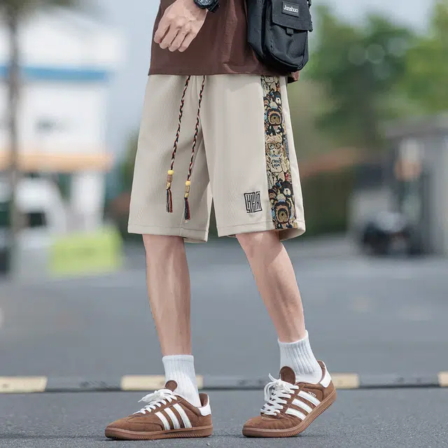 顶峰保罗 中式潮牌痞帅潮流刺绣运动无性别主义五分裤子薄款加肥加大码国风时尚百搭设计感休闲短裤 男女同款