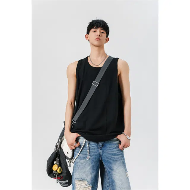 顶峰保罗 纯色简约美式高街高级设计感无袖坎肩体恤无性别主义青少年夏天薄款背心 男女同款
