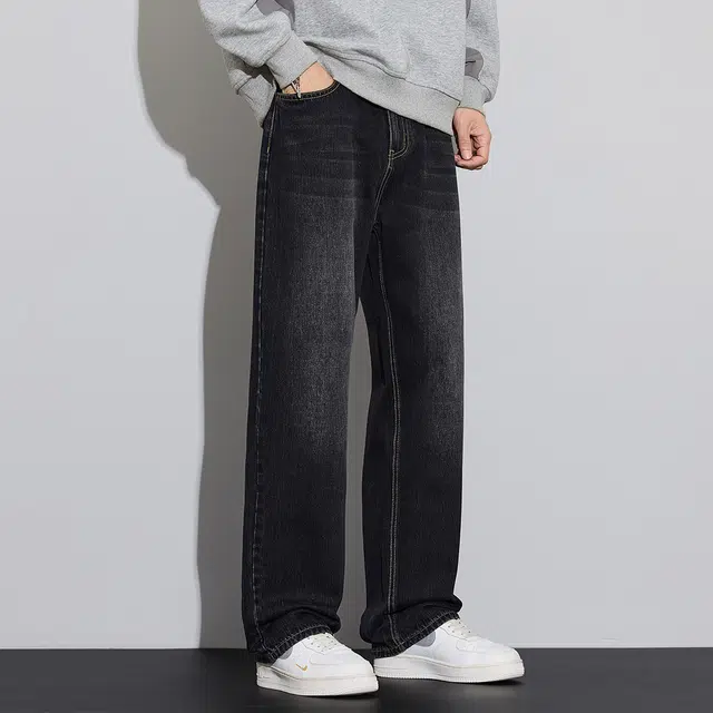 顶峰保罗 美式潮牌直筒阔腿无性别主义休闲复古高街水洗做旧运动长裤弹力显高显瘦宽松大码简约百搭加绒加厚垂感牛仔裤 男女同款