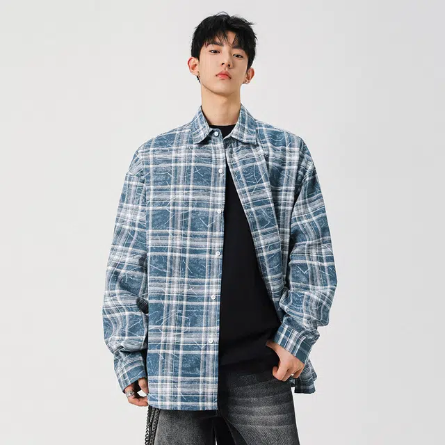 顶峰保罗 美式复古撞色晕染格子长袖衬衣无性别主义潮牌慵懒风外套百搭休闲简约翻领上衣宽松大码衬衫 男女同款