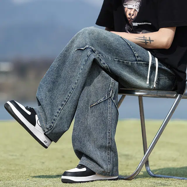 顶峰保罗 美式复古水洗工装解构无性别主义直筒长裤休闲阔腿弹力松紧腰显高百搭宽松高街潮牌垂感牛仔裤 男女同款