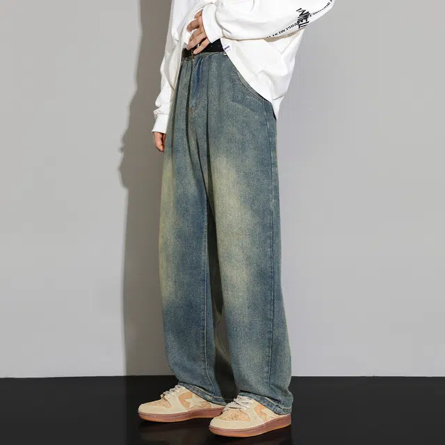 顶峰保罗 美式水洗复古做旧潮牌直筒无性别主义休闲阔腿长裤显高显瘦宽松大码百搭高街垂感牛仔裤 男女同款