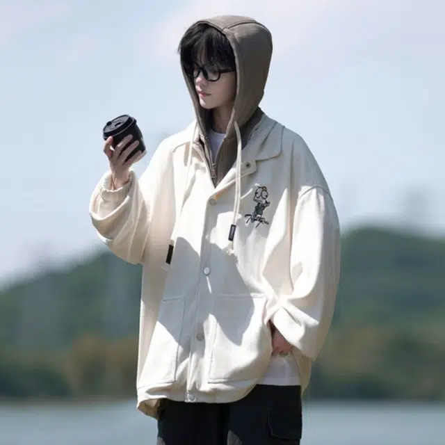 顶峰保罗 日系假两件棒球服宽松无性别主义童趣印花简约时尚小众设计感连帽长袖夹克外套 男女同款