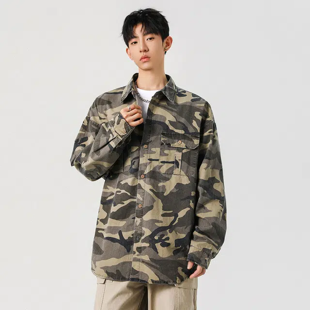 顶峰保罗 美式迷彩工装潮牌宽松慵懒运动高街痞帅做旧长袖翻领衬衫 男女同款