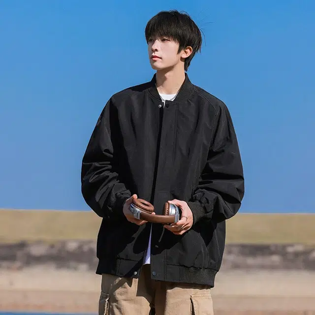 顶峰保罗 美式飞行纯色棒球领无性别主义直筒上衣外套宽松大码休闲百搭潮牌简约时尚痞帅长袖夹克 男女同款