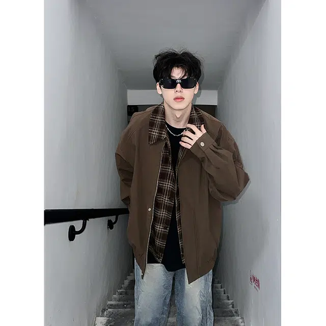 顶峰保罗 美式高街复古宽松大码休闲假两件格子拼接上衣外套无性别主义情侣款百搭翻领夹克外套 男女同款