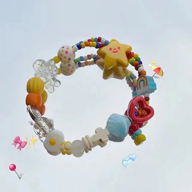 玄唐 夏日彩虹~多巴胺小清新彩色小众设计甜美彩虹星星弹力绳 树脂 手链 女款