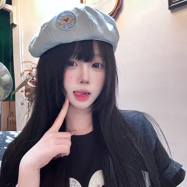 玄唐 日系可爱甜美卡通兔子贴布夏季薄款透气百搭显脸小画家 腈纶 贝雷帽 女款