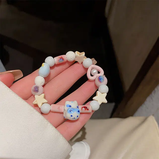 玄唐 多巴胺甜美猫咪串珠超仙气质小清新星星爱心手饰夏季 树脂 手串 女款