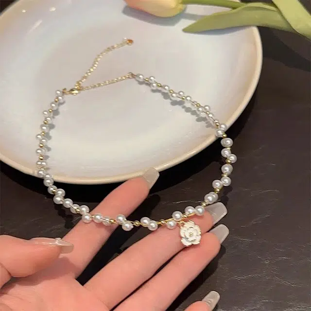 玄唐 法式珍珠山茶花高级感百搭名媛潮 合金 项链 女款