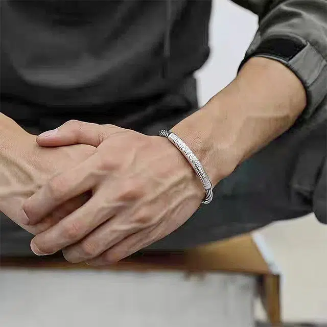 玄唐 新中式六字真言 个性心经开口镯子复古扭线高级潮牌嘻哈 合金 手镯 男款