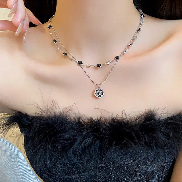 玄唐 纯欲天花板 双层黑色山茶花女 轻奢小众高级感 合金 项链 女款