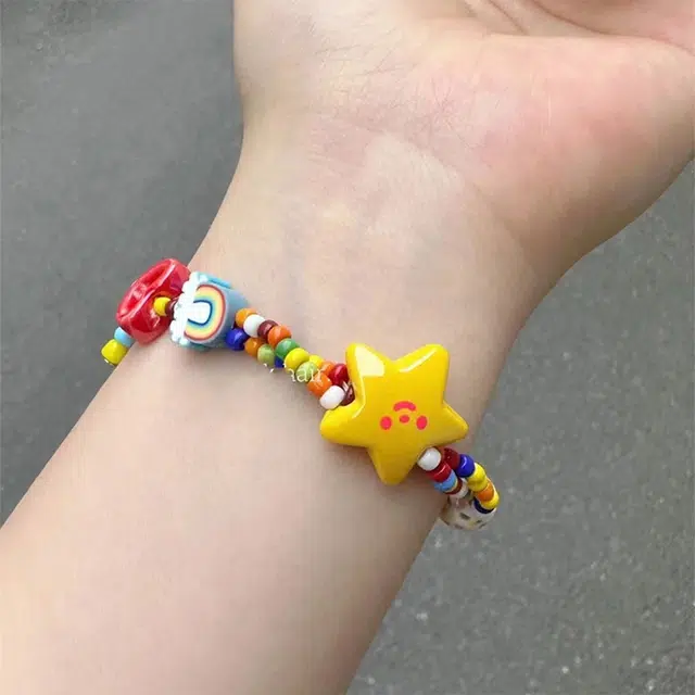 玄唐 夏日彩虹~多巴胺小清新彩色小众设计甜美彩虹星星弹力绳 树脂 手链 女款