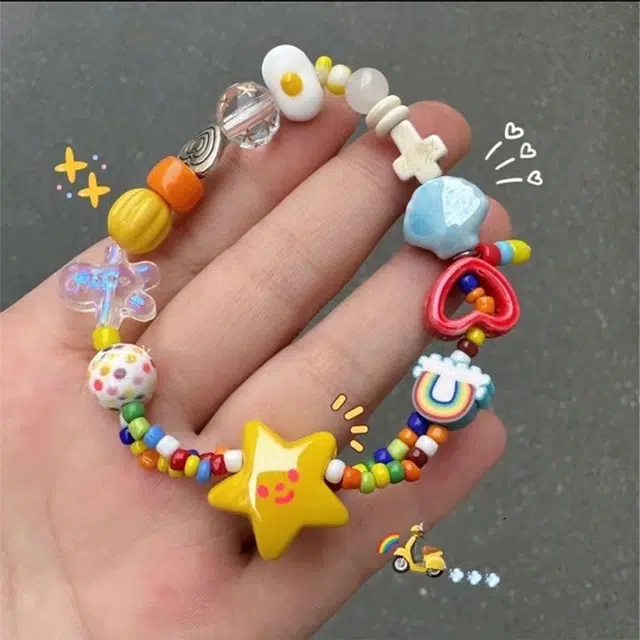玄唐 夏日彩虹~多巴胺小清新彩色小众设计甜美彩虹星星弹力绳 树脂 手链 女款