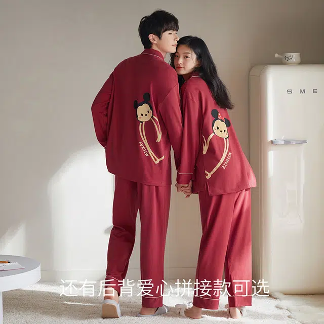 静韵 超柔软 睡衣迪士尼情侣红色家居服女春秋本命年结婚套装全心全意女士套装