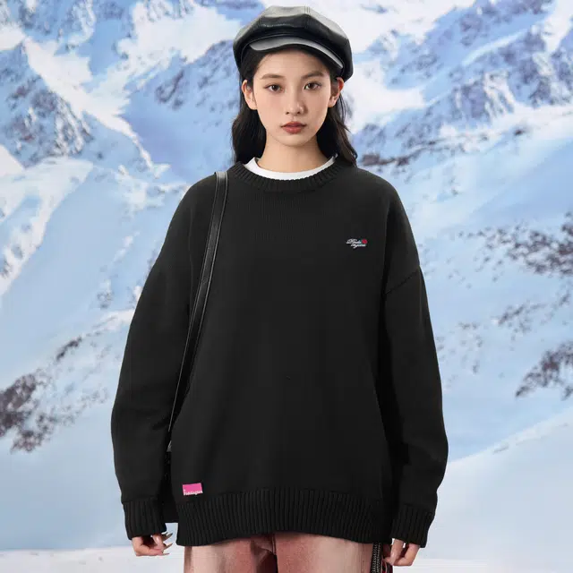 帕丁顿熊 基础款玫瑰花刺绣胸针纯色休闲百搭打底毛衣宽松加厚保暖针织衫 男女同款